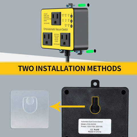Ortis automatic vacuum switch with yellow faceplate and two outlets, front and back views show two installation methods