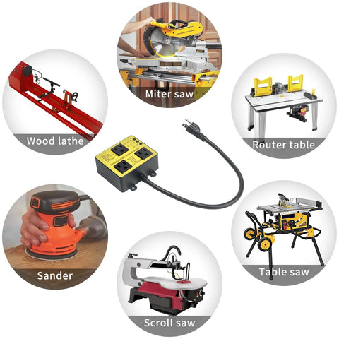Automatic vacuum switch with extra outlet, yellow autoswitch by Amazon, with various workshop power tools around it.