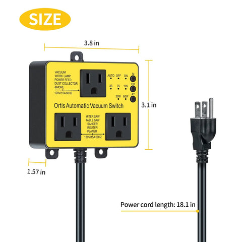Ortis Automatic Vacuum Switch with extra outlet, yellow housing, dual 120V outlets, 18.1 in power cord.