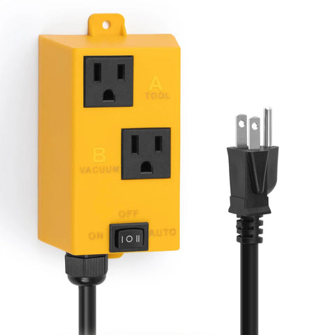 Yellow Ortis automatic switch with two black NEMA outlets labeled A TOOL and B VACUUM, on/off switch
