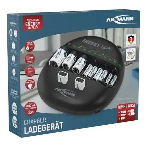 Packaging of Universal Smart Battery Charger and Maintenance Station for AA AAA C D 9V USB with multiple batteries shown on box.