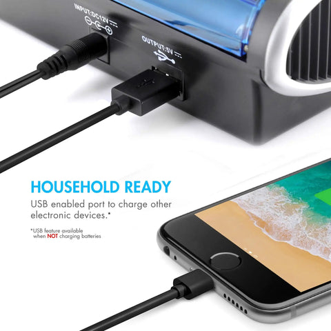 Smart Universal Charger With LCD And 32 NiMH Rechargeable AA AAA C D Batteries charging a smartphone via USB port