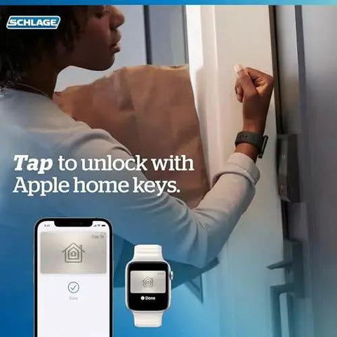 Person using Smart WiFi Front Door Deadbolt With Built In WiFi App Control And Keyless Entry Unlock From Anywhere Through The Connected App Apple Watch Unlock Capability With HomeKit And Alexa Compatible Matte Black Finish Easy Install For Enhanced Security And with Apple Watch