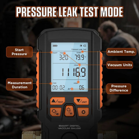 Handheld digital vacuum gauge with LCD display showing start pressure, ambient temp, time, and ΔP; orange buttons.