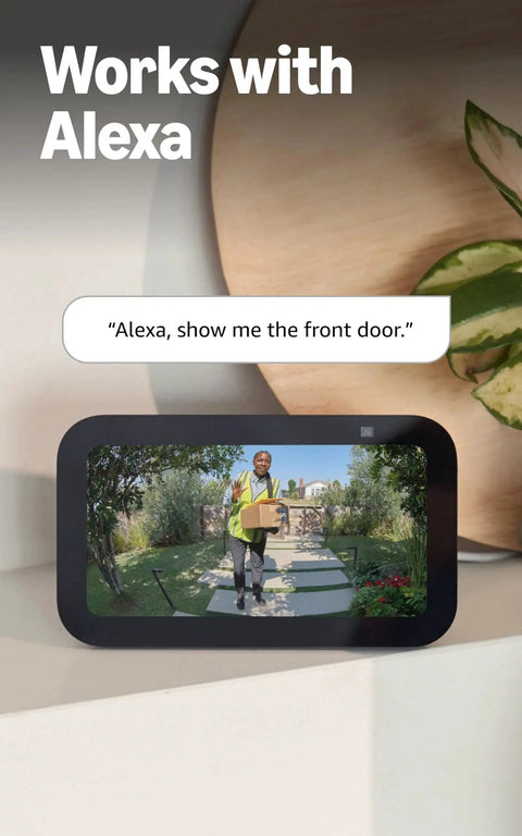 Smart display showing live footage from Battery Doorbell With Head To Toe Video For Home Or Business, compatible with Alexa.