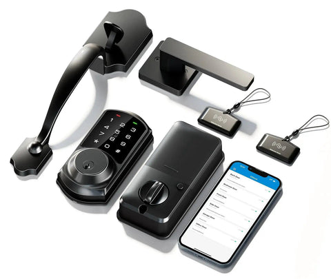 Smart Front Door Lock with app control and keyless entry, showing components including lever handle, keypad, and smartphone app.