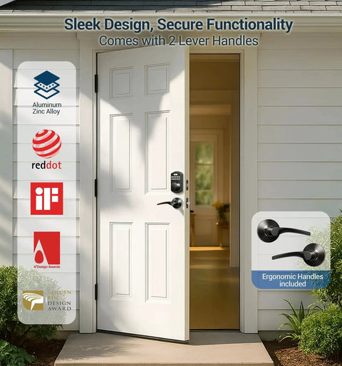 White exterior door with installed smart fingerprint door lock with keypad and dual lever handles, open to a bright interior.