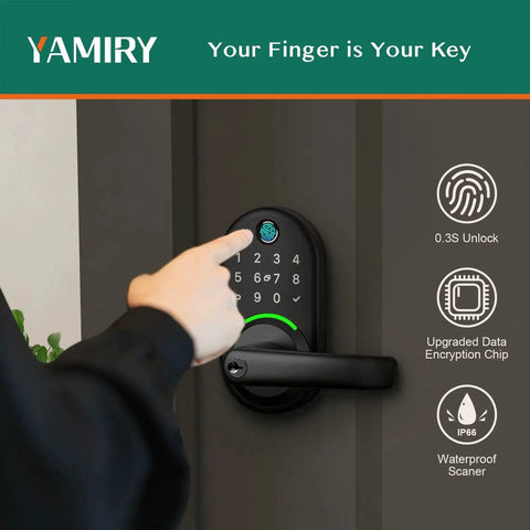 Experience seamless keyless entry with a smart door lock featuring fingerprint recognition, keypad access, app control, fob.