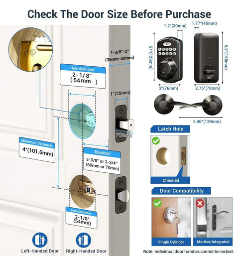 Smart fingerprint door lock with keypad and dual lever handles offers 0.3 second fingerprint unlock, installed on a door.