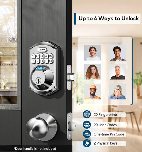 Experience secure keyless entry with a fingerprint sensor and PIN keypad, featuring auto lock, two backup keys on a door