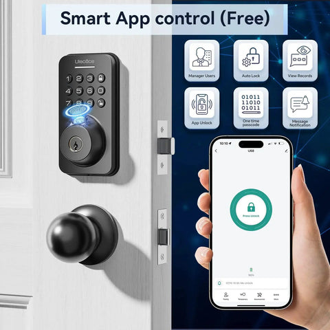 Smart fingerprint keypad deadbolt with handle set delivers keyless entry, rapid 0.3s fingerprint unlock, app control, and auto locking for secure, convenient access; easy DIY installation suits most standard front doors in a matte black finish shown on a door with smartphone app interface.