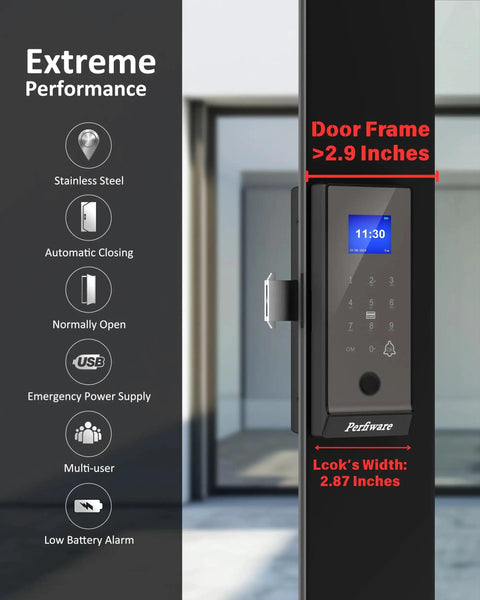 Side view of Smart Fingerprint Glass Sliding Door Lock LG75TY with app control on door frame, features highlighted.