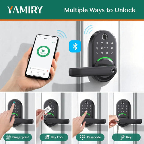 Experience seamless keyless entry with a smart door lock featuring fingerprint recognition, keypad access, app control, fob, physical key, and Alexa compatibility for front doors.