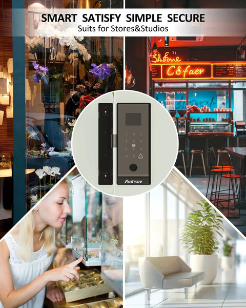 Smart Fingerprint Glass Sliding Door Lock LG75TY With App Control shown in various settings, emphasizing versatility for homes and offices.