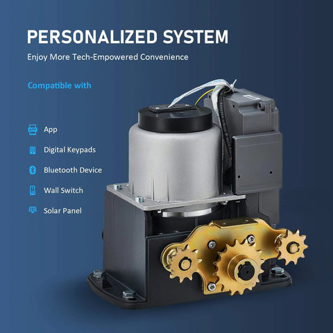 APP Smart Automatic Sliding Gate Opener Kit with 280W Motor and features, shown with gear system and compatibility options.
