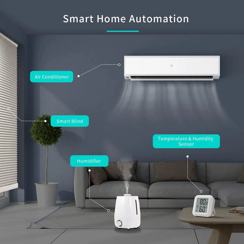 Temperature and Humidity Sensor 2-pack with digital LCD display, white, shown in living room with humidifier and air conditioner