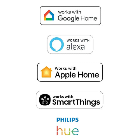Logos showing compatibility with Google Home, Alexa, Apple Home, SmartThings, and Philips Hue.