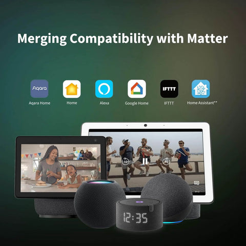 Smart home hubs and displays showcasing compatibility with Matter, including Alexa and Google Home in the background of devices.