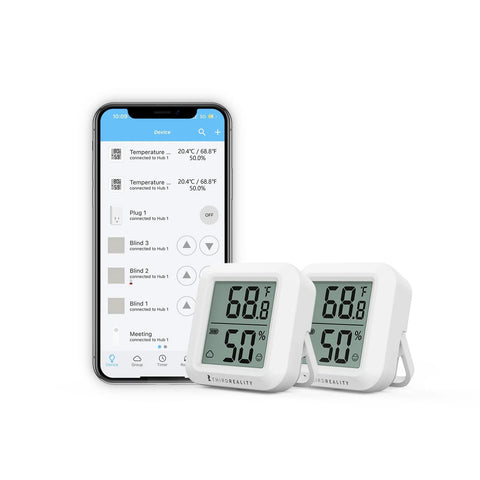 Two white ThirdReality Zigbee temperature and humidity sensors in a 2-pack with LCD displays; shown with smartphone app.