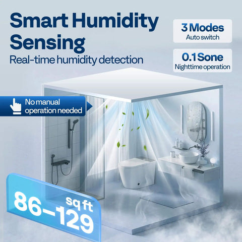 Smart Humidity Sensor Bathroom Exhaust Fan With Energy Saving EC Motor Delivers 110 CFM At Just 12.5W Quiet Ceiling Retrofit 10.2 Inch No Attic Access Needed Install Kit And 4 Inch Duct Included installed in a modern bathroom setting, illustrating air flow and coverage area.