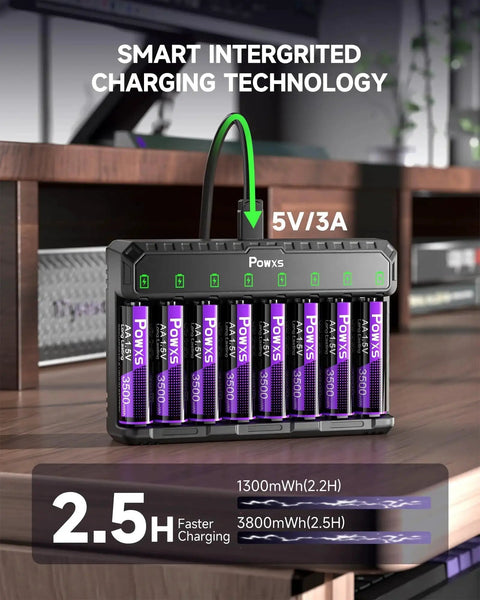 8 Pack Rechargeable AA/AAA Batteries With USB-C Charger And 3500mWh Capacity showcasing charging station on a table.