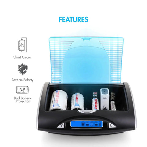 Smart Universal Charger With LCD And 32 NiMH Rechargeable AA AAA C D Batteries showcasing charging features and LCD display.