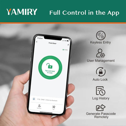 Experience seamless keyless entry with a smart door lock featuring fingerprint recognition, keypad access, app control, fob, physical key, and Alexa compatibility for front doors, offering DIY installation, remote passcodes, and strong deadbolt security. Smartphone showing app control for smart door lock.