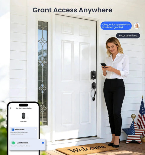 Woman using app to unlock front door with an 8-in-1 fingerprint smart lock featuring app control, auto lock, and touchscreen keypad.