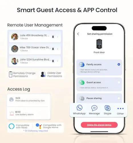 Experience effortless security with an 8-in-1 fingerprint smart lock featuring app control on smartphone interface display.