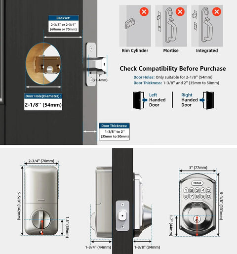 Smart fingerprint door lock with PIN keypad, showing installation on standard front doors for homes, apartments, and offices.