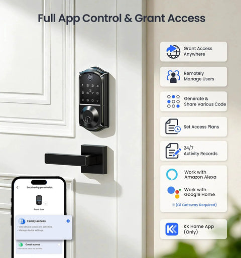 Experience effortless security with an 8-in-1 fingerprint smart lock featuring app control, mounted on a white door with a smartphone app displayed.