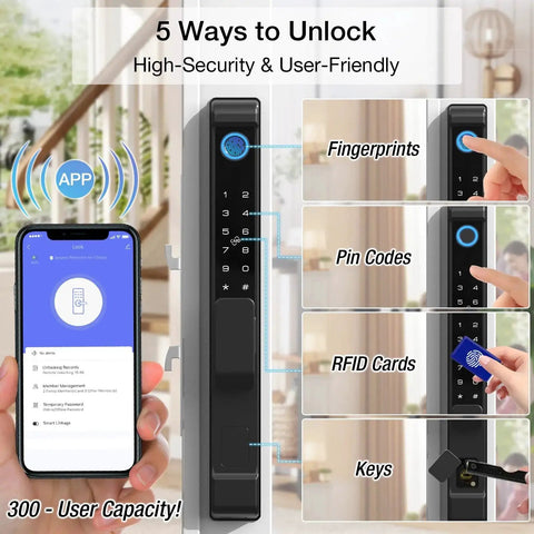 Six In One Smart Lock For Sliding Glass Doors With Fingerprint Passcode WiFi App RFID Card Physical Key And Time Limited One Time Code Supports Up To 300 Users Mortise Lock Set with smartphone app display