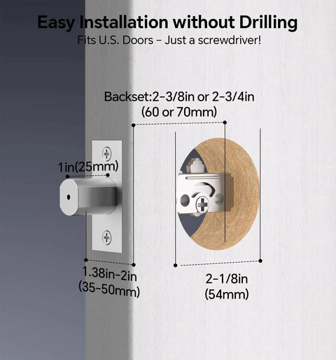 Smart fingerprint keypad deadbolt with handle set delivers keyless entry, rapid 0.3s fingerprint unlock, app control, and auto locking for secure, convenient access; easy DIY installation suits most standard front doors in a matte black finish, image showing installation measurements for fitting.