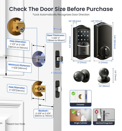 Diagram showing Built In WiFi Smart Lock With 2 Knobs Keyless Entry Front Door Handle Set and installation dimensions.