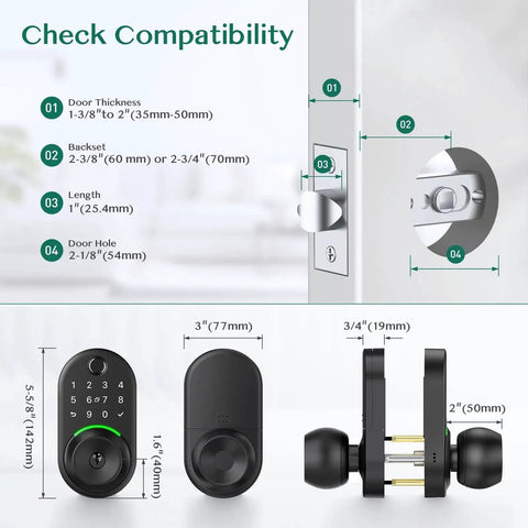 Image showing compatibility features of a keypad smart door lock with a durable aluminum body and knob handle for entry security upgrade.