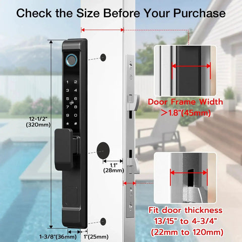 Six In One Smart Lock For Sliding Glass Doors With Fingerprint Passcode WiFi App RFID Card Physical Key And Time Limited One Time Code Supports Up To 300 Users Mortise Lock Set With Handle For Patio Doors, showing dimensions and compatibility for door frame.