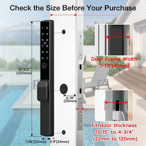 Sliding Door Smart Lock With Fingerprint And Six In One Access Pin Code RFID Card Physical Key App Control And One Time Code Durable Mortise Lock installed on glass door, showing dimensions.