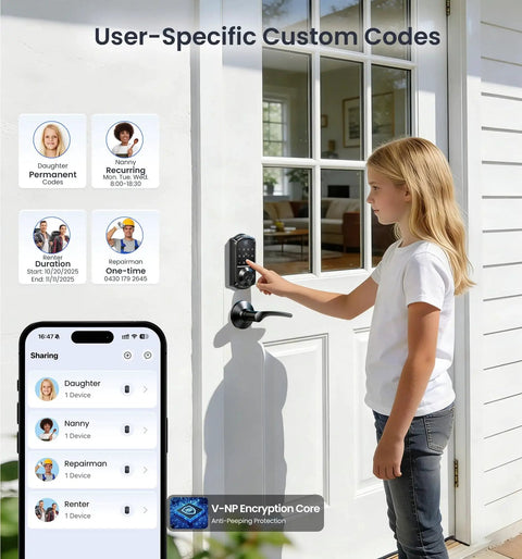 Experience effortless security with an 8-in-1 fingerprint smart lock featuring app control, used by child on white front door.