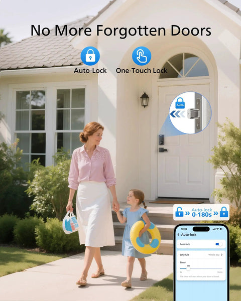 Smart WiFi Keypad Front Door Lock With Handle And Auto Lock For Keyless Entry And Voice And Fingerprint Unlock App Remote Control 2 4 GHz Connectivity Digital Front Door Lock Set For Enhanced Home Security installed on home door with woman and child outside.
