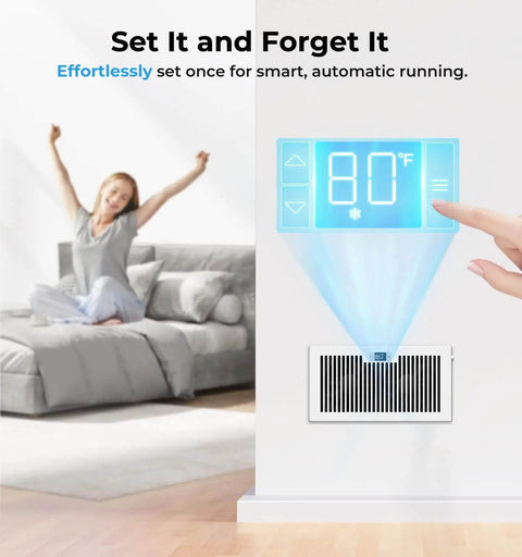 Room with thermostat display above a wall-installed Ultra Quiet 10 Speed Smart Register Booster Fan For 6x12 Duct Opening Cutout With Remote Control Programmable Thermostat Energy Saving HVAC Vent Booster For Wall Or Floor Registers Corded White By VELLEE.