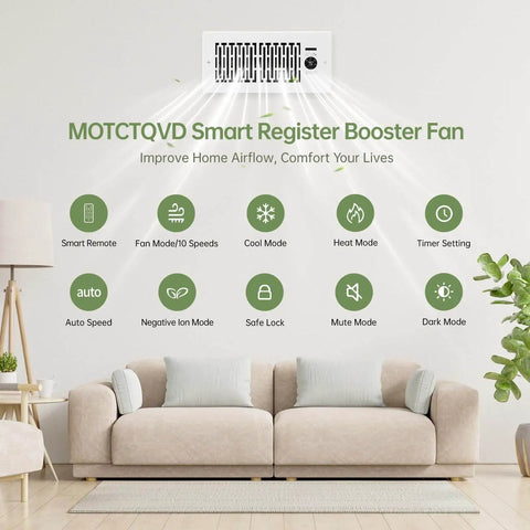 Smart 10 Speed Register Booster Fan for 4x10 inch registers with thermostat and remote control installed on wall above sofa.