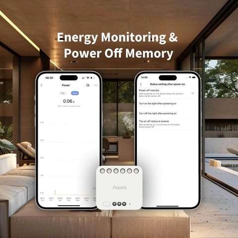 Energy monitoring app interface displayed on smartphones, Dual Relay Module T2 Smart Relay Switch for garage doors and boilers visible.
