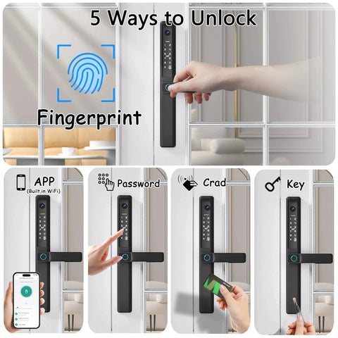 Keyless Sliding Door Lock With Handle For Patio And Glass Doors Featuring Fingerprint Code RFID Card Keypad App Remote Control Slim Frame