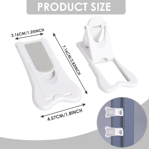 2 Pack Sliding Door Locks And Window Stoppers For Cabinets Closets Windows And Sliding Glass Doors Durable Plastic Construction Protects Children And Pets With Safe No Drill Installation For Home Office, showing size and installed view.