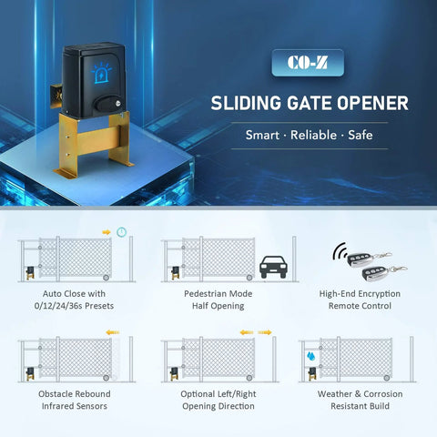 Diagram of APP Smart Automatic Sliding Gate Opener Kit with 280W Motor for Driveway and Garden Gates, featuring remote control and safety sensors.
