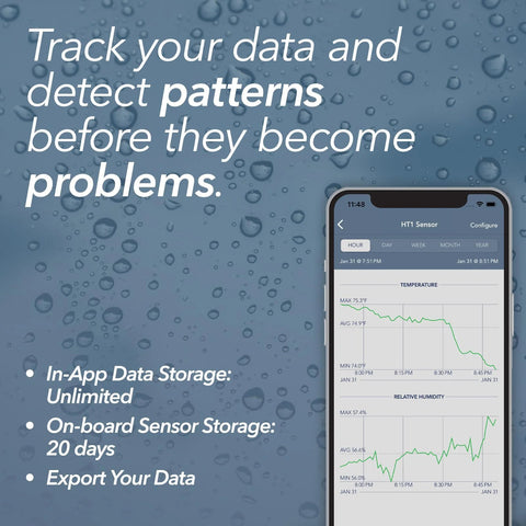 HT1 SensorPush smart temperature and humidity sensor app dashboard shown on smartphone against a blue water droplets background