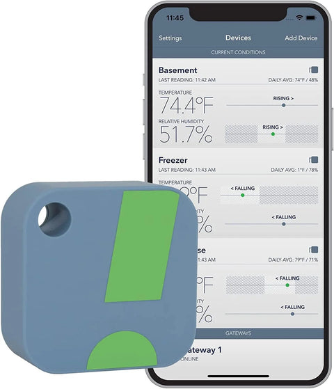 SensorPush HT1 smart temperature and humidity sensor; blue cube with green label, app monitoring shown on a smartphone.
