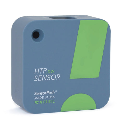 SensorPush HTP.xw temperature and humidity sensor, blue square with lime-green stripe and round sensor hole
