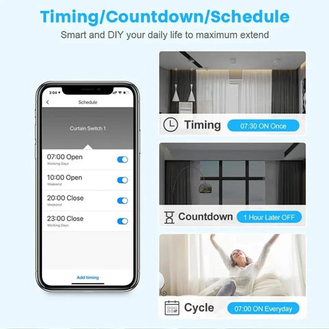 Smartphone app screen showing Yitouniu EWeLink motor controller scheduling with Timing/Countdown/Cycle and 07:30 ON Once