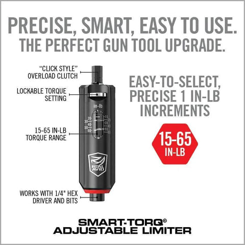 Smart-Torq Adjustable 15–65 in-Lb Torque Limiter with Click-Style Overload Clutch, lockable setting, for 1/4" hex drivers